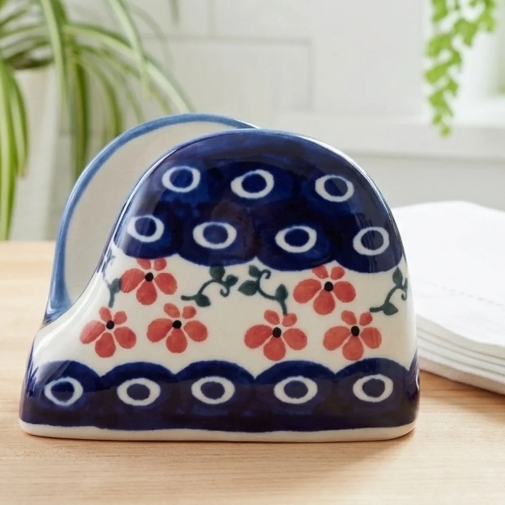 Wiza Polish Pottery Napkin Holder Boleslawiec Hand Painted Floral Peacock Eye
